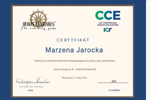 Certyfikat Heros Navigares - Podróż Bohatera - Marzena Jarocka